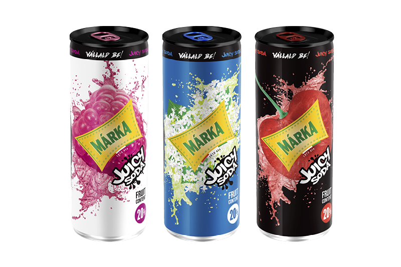 MÁRKA Juicy Soda szénsavas üdítő­italok, 20% gyümölcslétartalommal